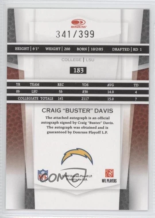2007 Leaf Certified Materials New Generation /399 Craig Davis #183 Rookie RC - Image 2 of 2