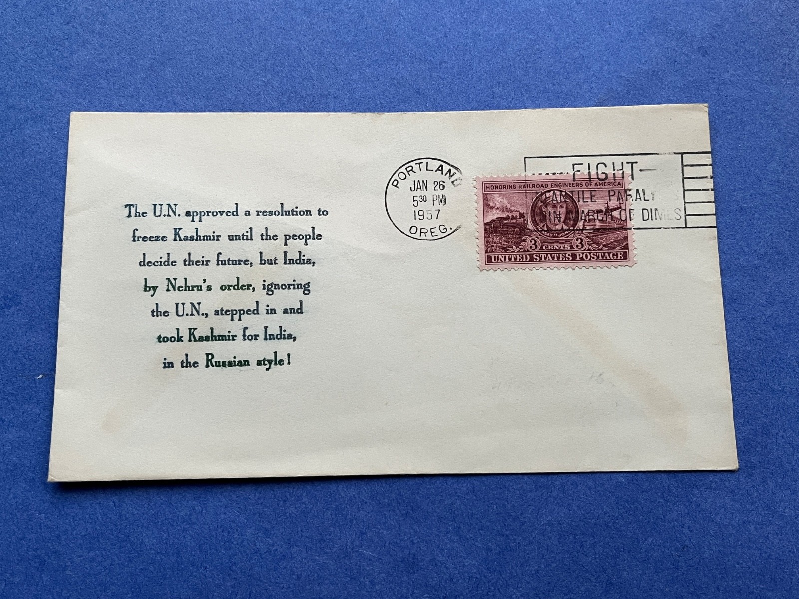 RARE 1957 LINTO CACHET ONLY 10 MADE ! UN RESOLUTION KASHMIR INDIA NEHRU RUSSIA !