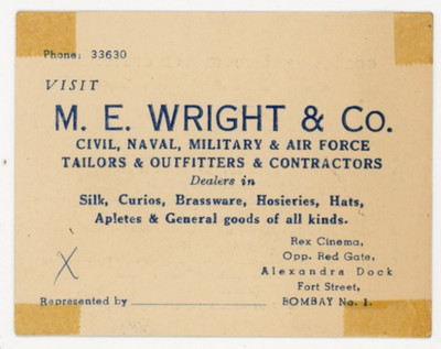 1940s-50s M.E. Wright Navy GI Air Force Tailors Bombay Alexandra Ad Card F46
