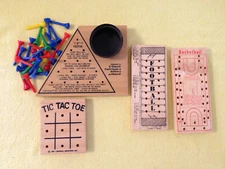 (4) Wood Peg Games Brain Teasers Tic Tac Toe Football basketball IQ Tester