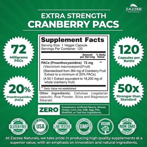 Zazzee Extra Strength Cranberry PACs 72 mg PACs per Capsule 100% Soluble 120 ... - Picture 3 of 9