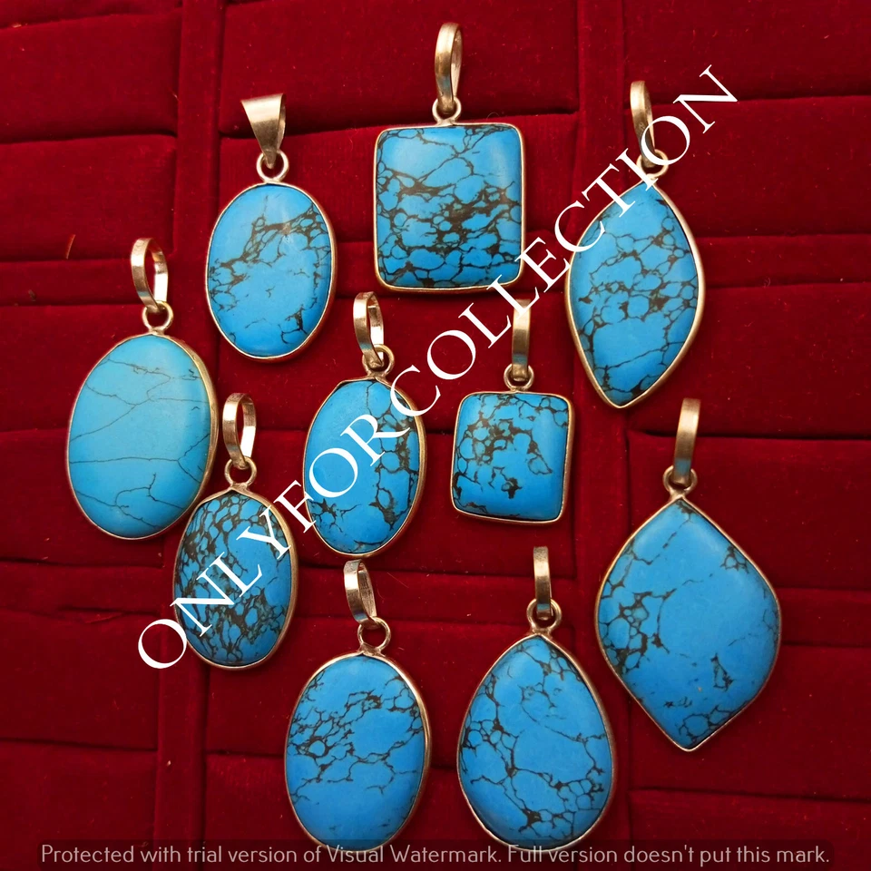 Lote de 10 colgantes de bisel enchapados en plata de ley 925 con piedras preciosas turquesa Trandy Foto 2 de 4