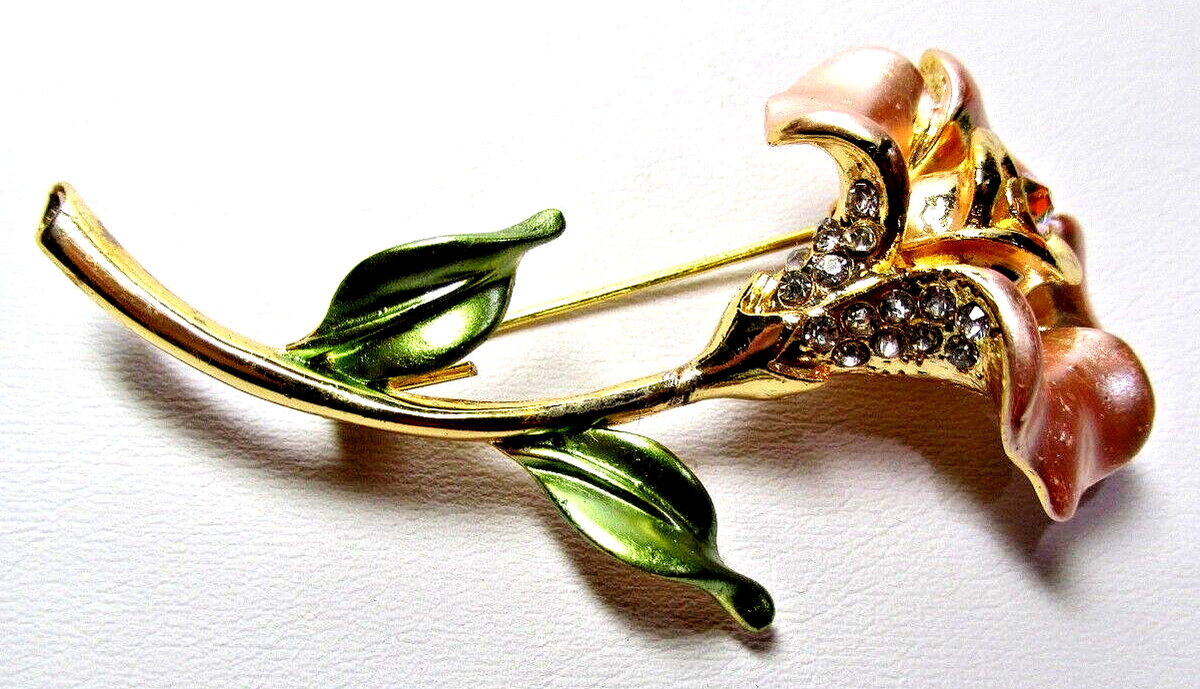 Women's Gold Tone Pink Flower With AB & Clear Crystal Pin Brooch
