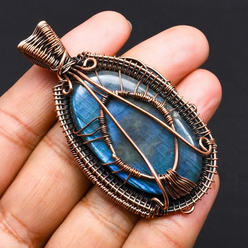 Blue Fire Labradorite Copper Wire Wrapped Pendant Jewelry Gift For Her CCP-099 - Picture 8 of 8