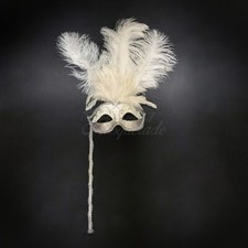 Handheld Stick Mask Feather Masquerade Mask White Silver M6150