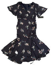 Lulus Dress Womens Small Navy Blue Floral Ruched Midi Sheath Fitted Dress NEW S