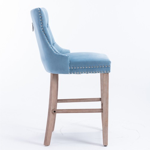 2 Set Velvet Bar Stools 27.2" Height Counter Height Barstools Wooden Legs Blue - Picture 6 of 12