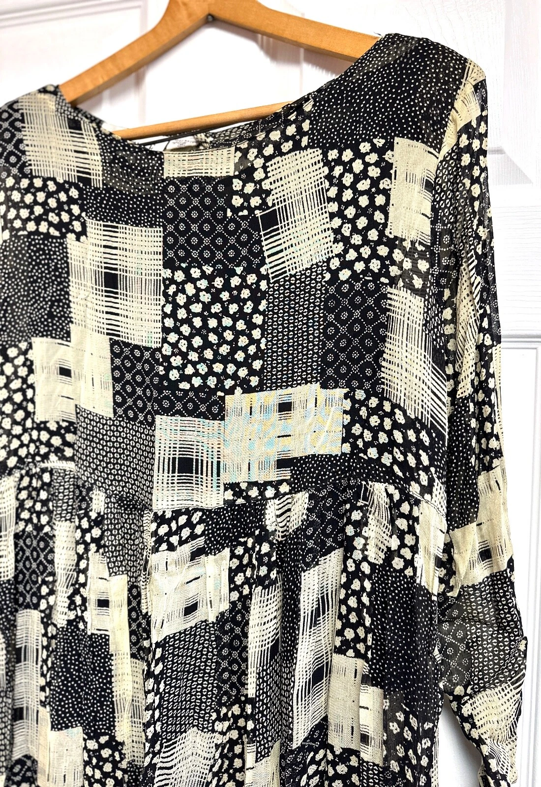 OFF WHITE Abito vintage anni 90 Santa Fe rayon garza stropicciato nero bianco sporco patchwork MEDIA