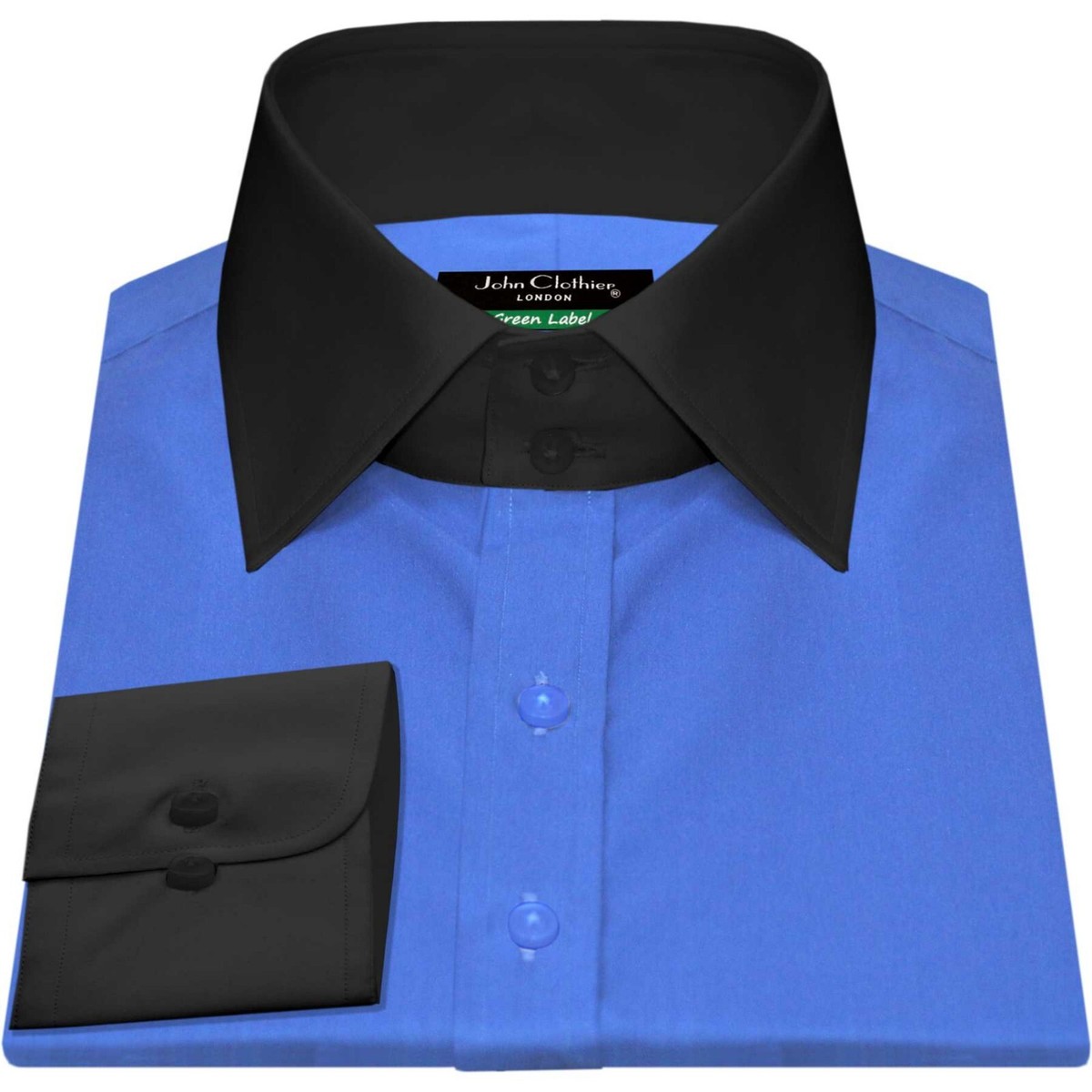 blue shirt with black collar