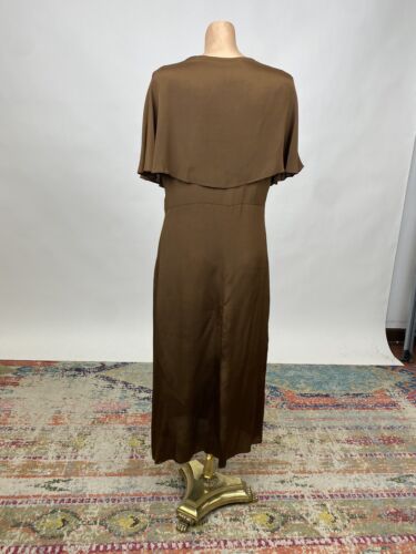 Antique Vintage 1920s Brown Silk Satin and Velvet Dress Attached Pleated Capelet - Picture 17 of 20