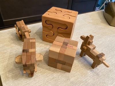 5 VINTAGE KUMIKI WOOD TRICK PUZZLE 