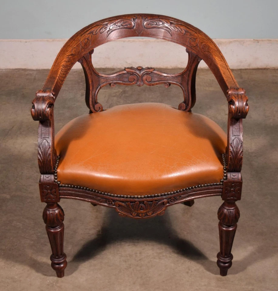 French Antique Renaissance Revival Oak & Leather Arm Chair Carved Wood - Image 2 of 4