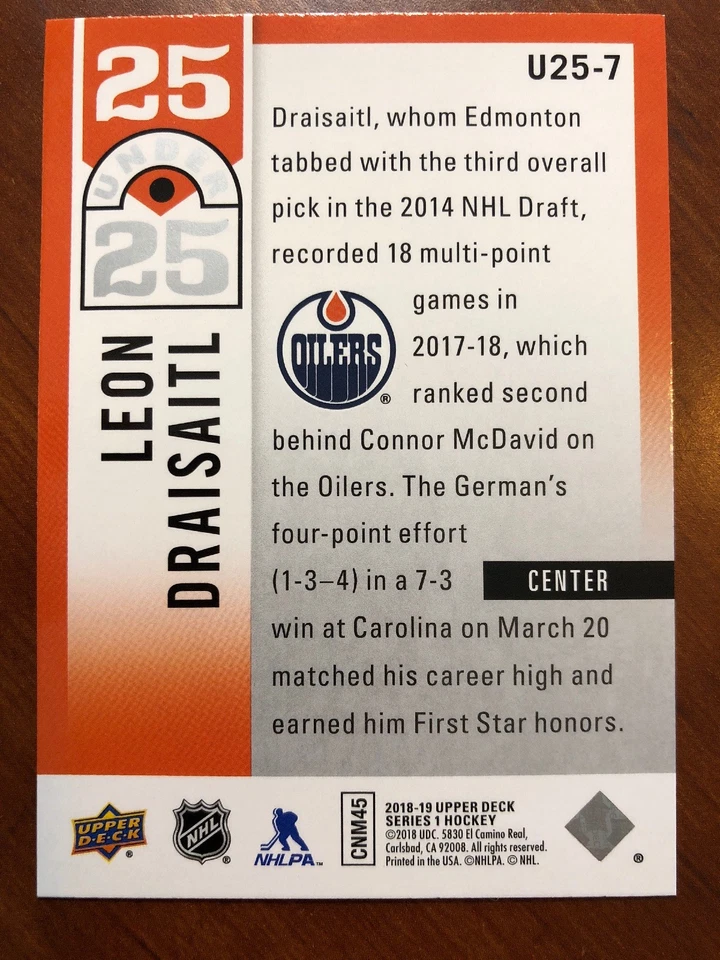 18-19 UD Series 1 25 Under 25 #U25-7 Leon Draisaitl - Image 2 of 2
