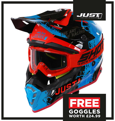 NEU JUST1 J38 ERWACHSENE MOTOCROSS MX ENDURO OFF ROAD HELM ROT BLAU GLANZ