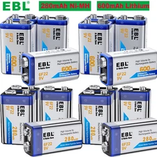 EBL 9V Rechargeable Batteries 280mAh NiMH / 600mAh 9V Lithium Battery lot