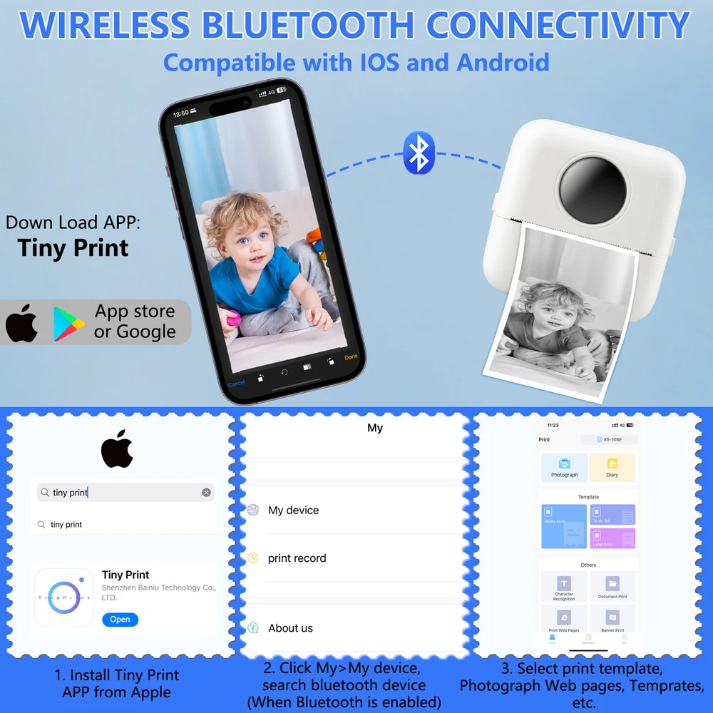 Mini Bluetooth Portable Inkless Thermal Photo Printer with Roll Paper  