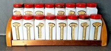 COMPLETE Griffith Milk Glass Spice Jar Set, 16 Jars with Red Lids and Rack.