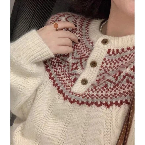 Wool Patterned Half Button Cardigan/Jumper Crew Neck Jumper Women Sweater Tops - Picture 5 of 7