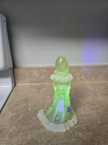 Fenton Vaseline Glass Topaz 6" Bridesmaid Hand Painted And Signed