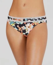 Lucky Brand Women's Black Floral Scalloped Trim Bikini Bottom Swimwear Size L