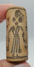 Roman Hand Carved Tan Stone Egyptian Figure Relief Cylinder Bead