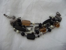 6 ROWS SILVER TONE CHAINS W BLACK & FAUX PEARL BEADS  6'' L  BRACELET #5/17