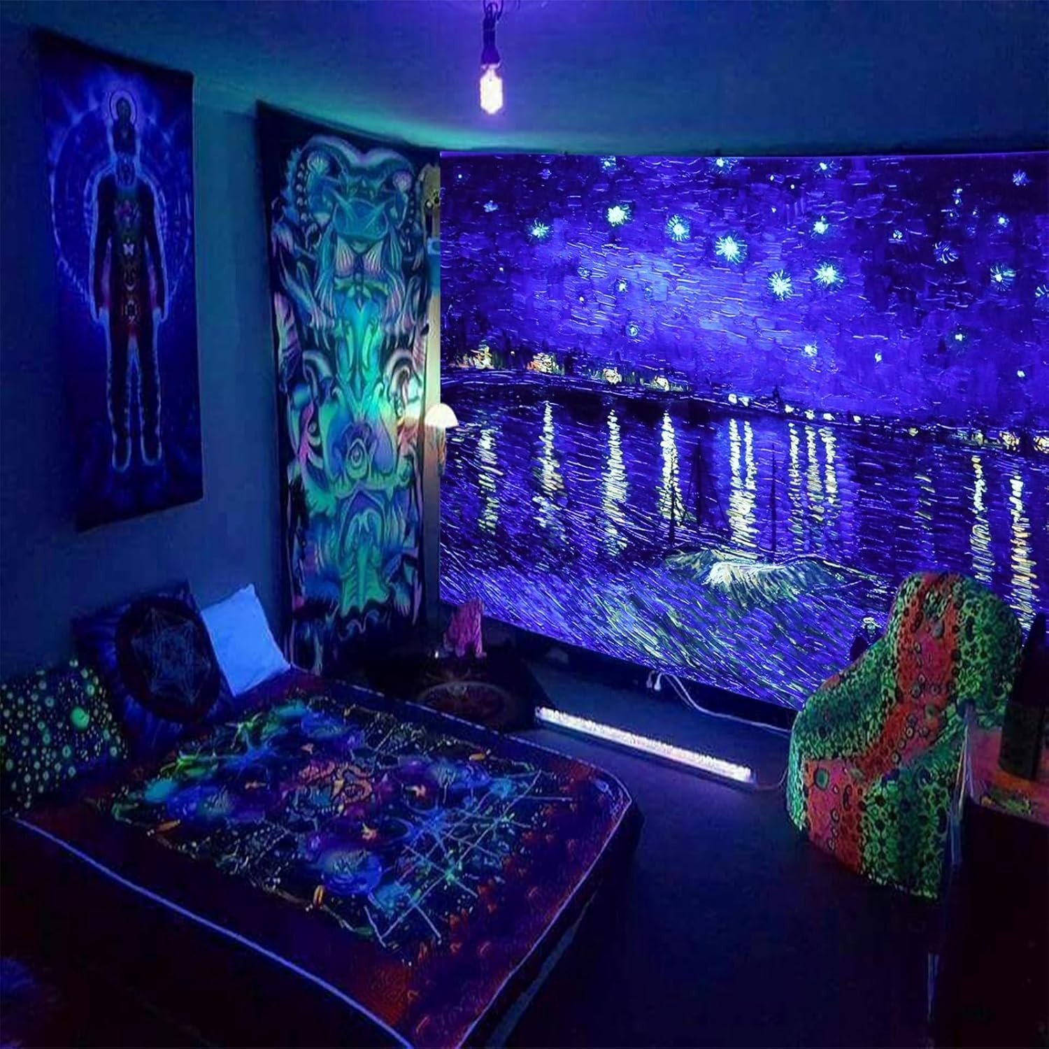 Blacklight UV Reactive Tapestry Trippy Neon Wall Hanging Glow in Dark Art Decors