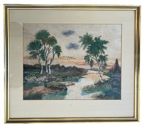 Vintage Framed Needlepoint Countryside Landscape 18.75" X 16.5"