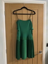 Gucci, Size XS, Emerald Green Pleated Knee Length Dress On Golden Chain Straps