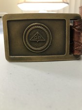 VINTAGE SOLID BRASS BELT BUCKLE GEORGIA PACIFIC 1983 WITH EMBOSSED LEATHER BELT