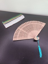 Vintage 1960's Carved Sandlewood Hand Fan Beige Blue Tassel NIB