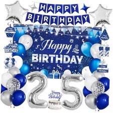 th Birthday Decorations for Men  Women, Navy Blue and Silver Happyth 25