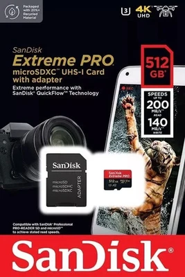 SanDisk 512GB Extreme Pro MicroSDXC UHS-I U3 A2 Memory Card W/ Adapter