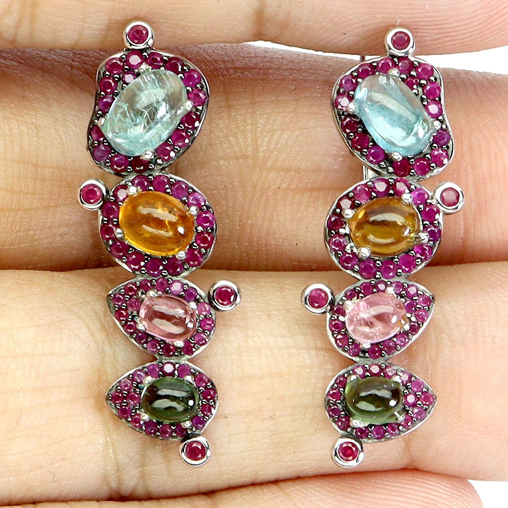 925 Sterling Silver Earrings Oval Tourmaline 6x4mm Ruby Diamond Cut Gemstone