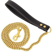 Gold Dog Chain Leash 18K Gold Stainless Steel Cuban Link Dog Leash with Leath...