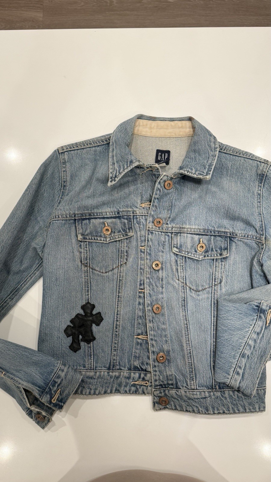 GAP Blue Collared Denim Jacket Patch Button and C… - image 1