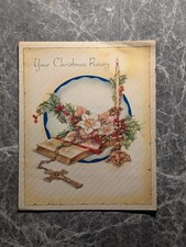 Christmas Card Vintage Vase Red Poinsettias Blue Gift Box Paramount 1940s Art