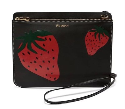 JW Anderson Leather Clutch Strawberry Pattern With Strap Black For Women