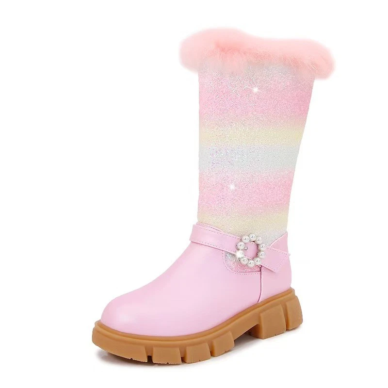 Winter Kids Girls Princess Rainbow Queen Warm Snow Boots Fur Sequin Long boots - Image 2 of 4