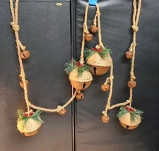 Vintage String Of 4 Large Brass Sleigh Bells & 10 Small Christmas Decor