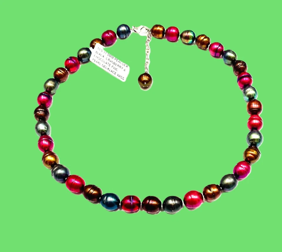 COLLAR DE PERLAS OVALADAS 10,5-11,5 MM PAVO REAL NEGRO, ARÁNDANO Y CHOCOLATE CON SS Foto 4 de 4