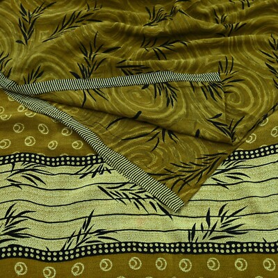 Vintage Sari Green & Black Pure Crepe Silk Printed Sarees 5yd Sewing Floral Soft