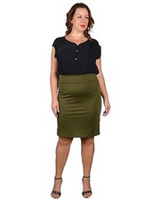 Jr's Plus 1X,2X,3X Olive Green High Waist Knee-Length Fitted Pencil Skirt 