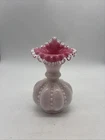 Fenton Jack in the Pulpit Milk Glass Beaded Melon Vase Silver Crest Pink