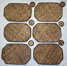 6 Sets Natural Woven Rattan Placemats and Coasters Brown Trim Oval Octagonal