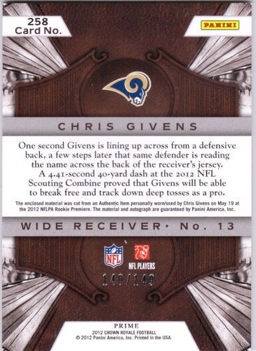 CHRIS GIVENS 2012 Crown Royale Silver Prime 3-color Rookie Patch Auto Card /149 - Picture 2 of 2