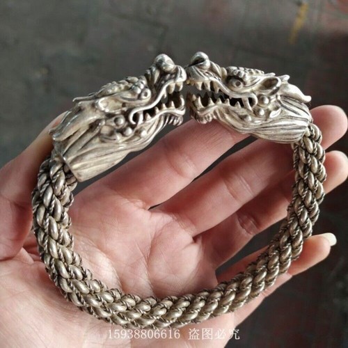 Old Tibet Silver Handmade Double Dragon Head Silver Bracelet Men's Bracelet 1115 - Picture 3 of 5