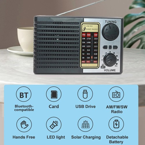 Radio Solar Portátil FM/AM SW Digital Bluetooth Altavoz Reproductor MP3 Recargable - Imagen 9 de 12
