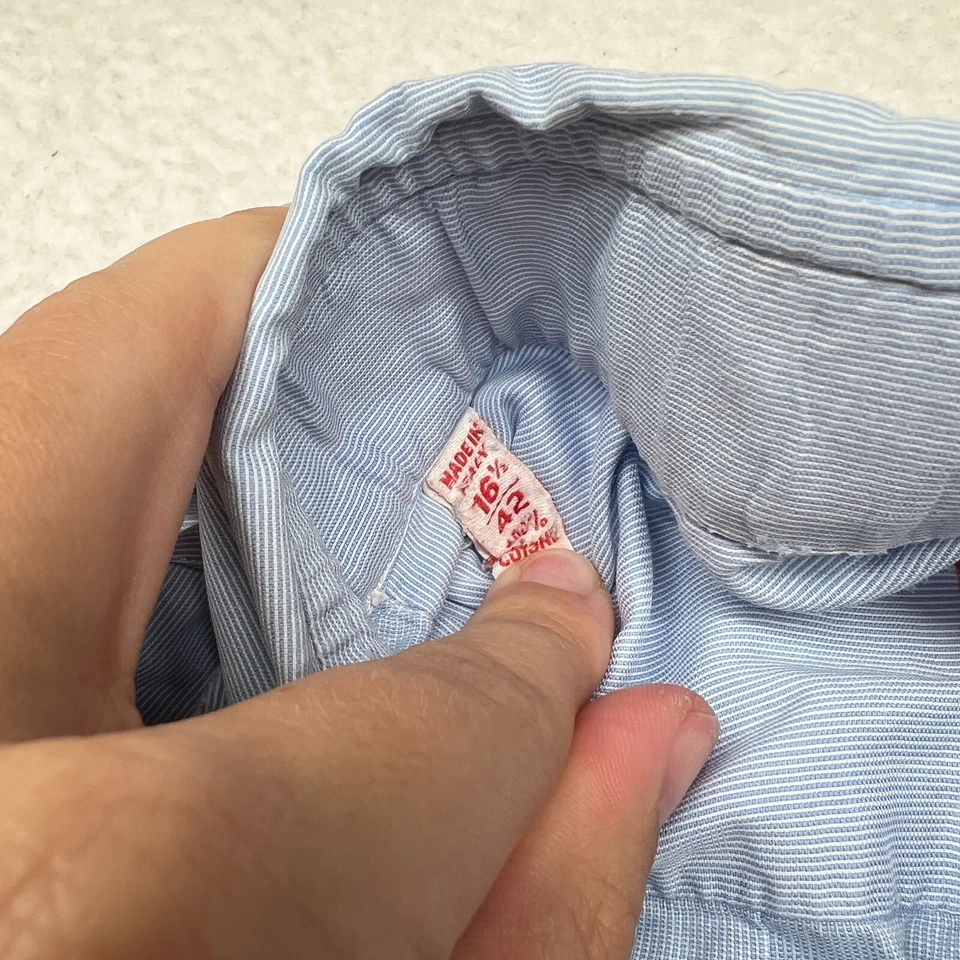 Camisa de vestir ISAIA Napoli para hombre 16,5-42 blanca azul a rayas manga larga Italia defectos Foto 4 de 4