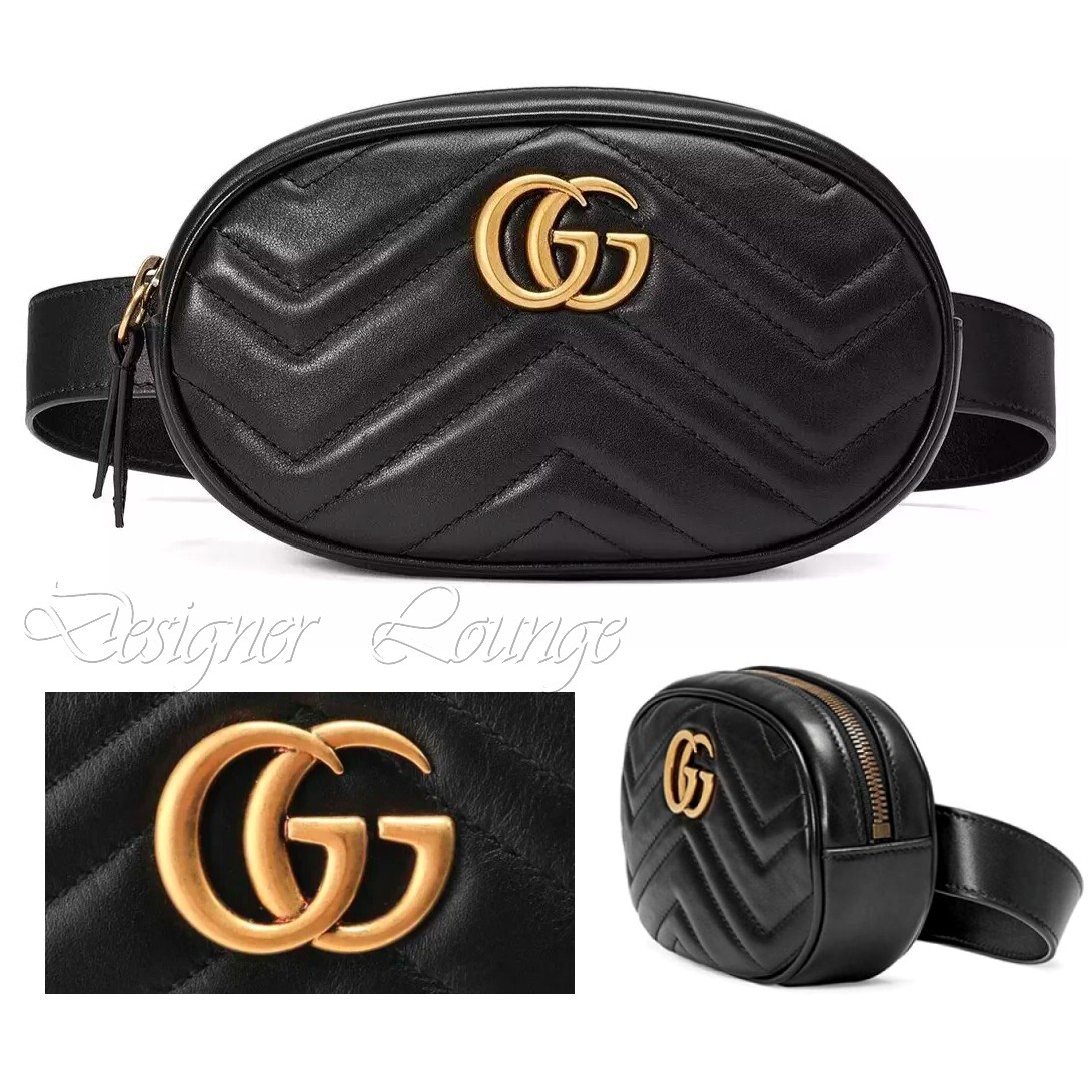 NEW GUCCI GG Marmont Matelasse Chevron Heart Black Leather Belt